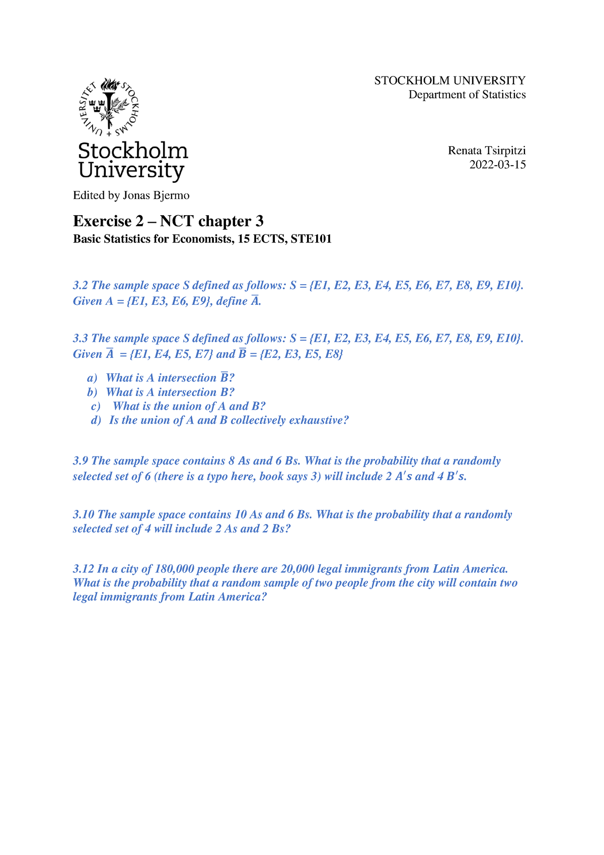 NCT Chap 3 - Exercises - Exercise - STOCKHOLM UNIVERSITY Department Of ...