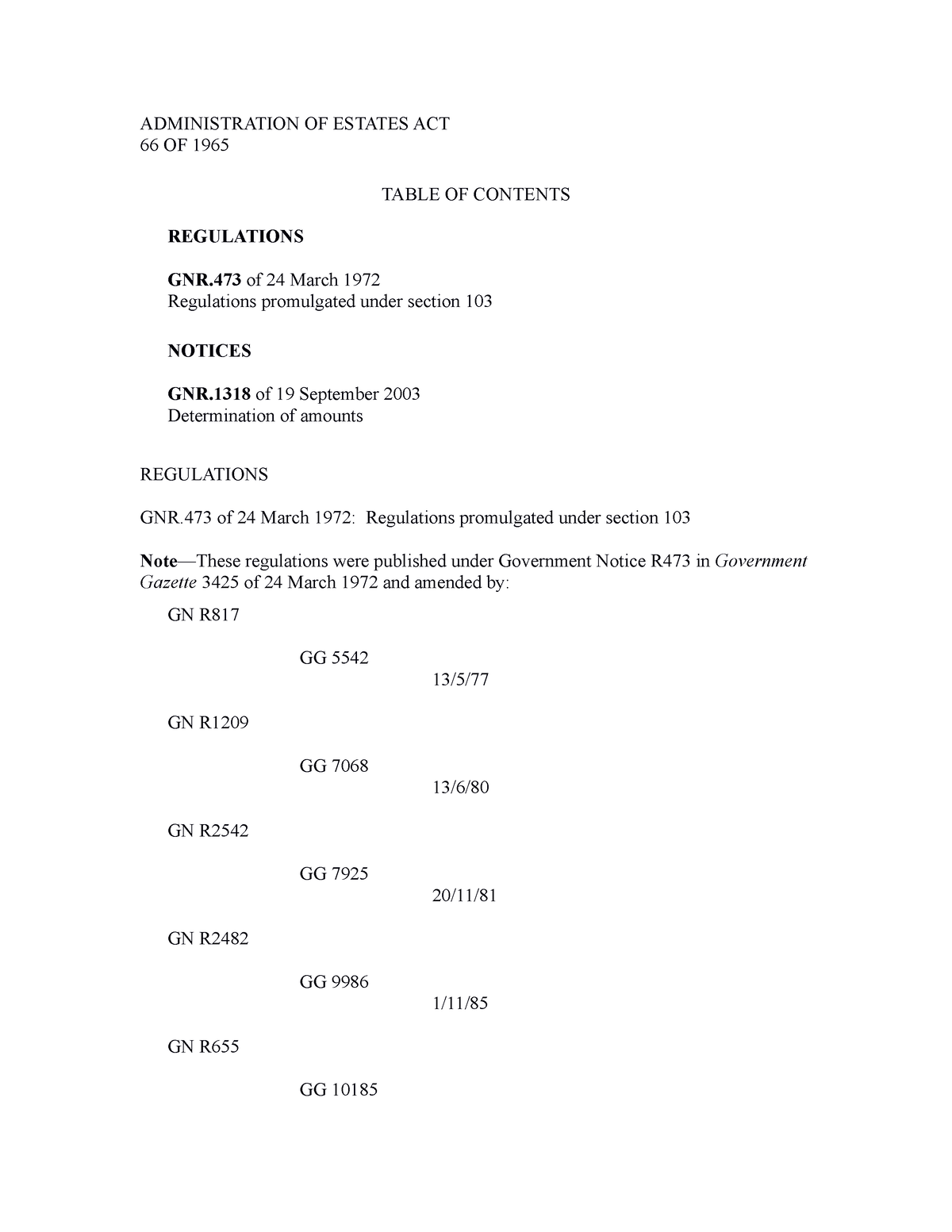 Regulations To Administraion Of Estates Act Administration Of Estates Act 66 Of 1965 Table Of 8173