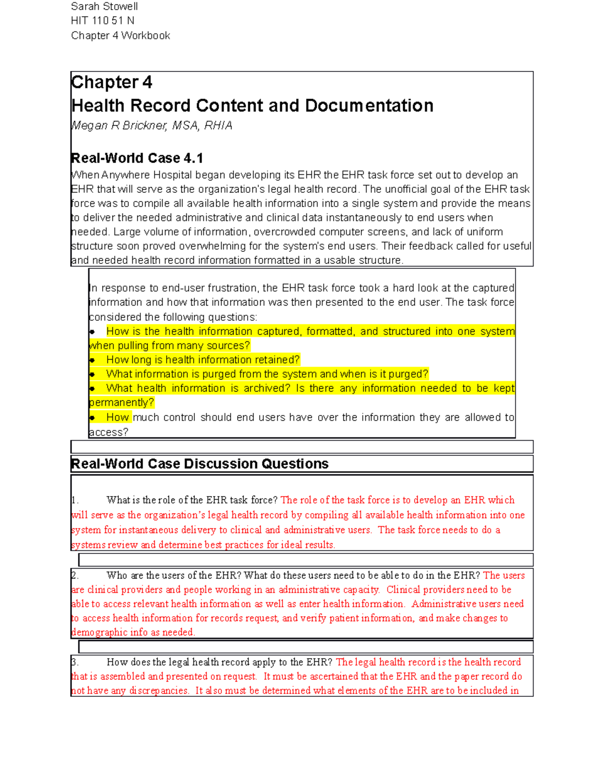 Chapter Four Worksheet K - HIT 110 51 N Chapter 4 Workbook Chapter 4 ...