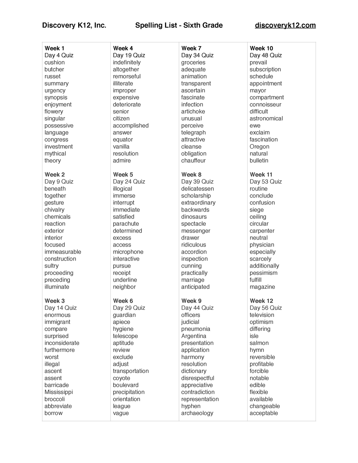 Spelling-List-6th - Spelling list words grade 6 - Discovery K12, Inc ...