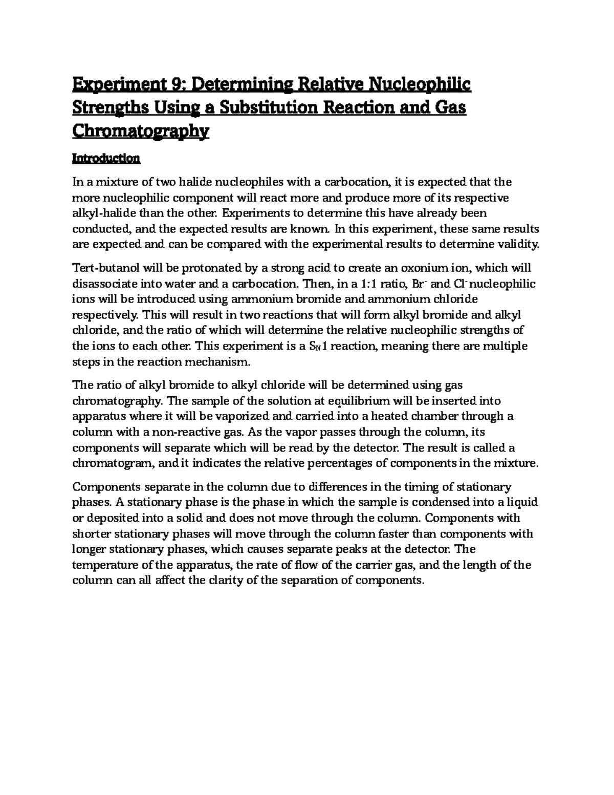 2211 Experiment 9 Pre Lab Experiment 9 Determining Relative Nucleophilic Strengths Using