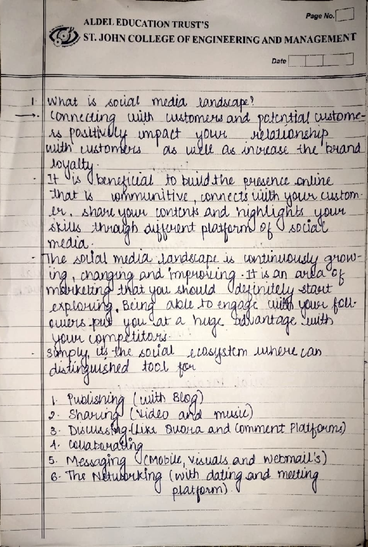 SMA Assignment 01 - . Page No. . ALDEL EDUCATION TRUST'S ~ST COLLEGE OF ...