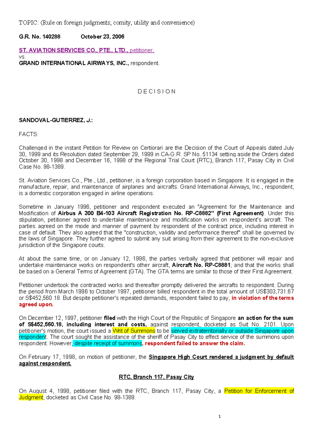 1.) Rule on foreign judgments; comity, utility and convenience, G.R. No ...