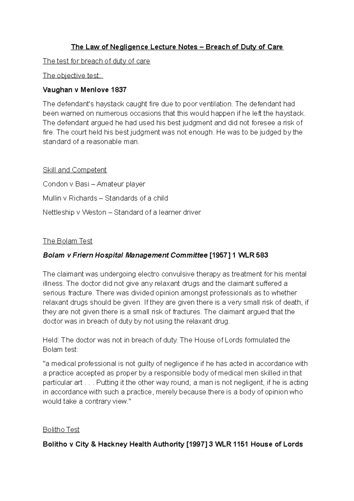 The Law of Negligence Lecture Notes – Breach of Duty of Care - The ...
