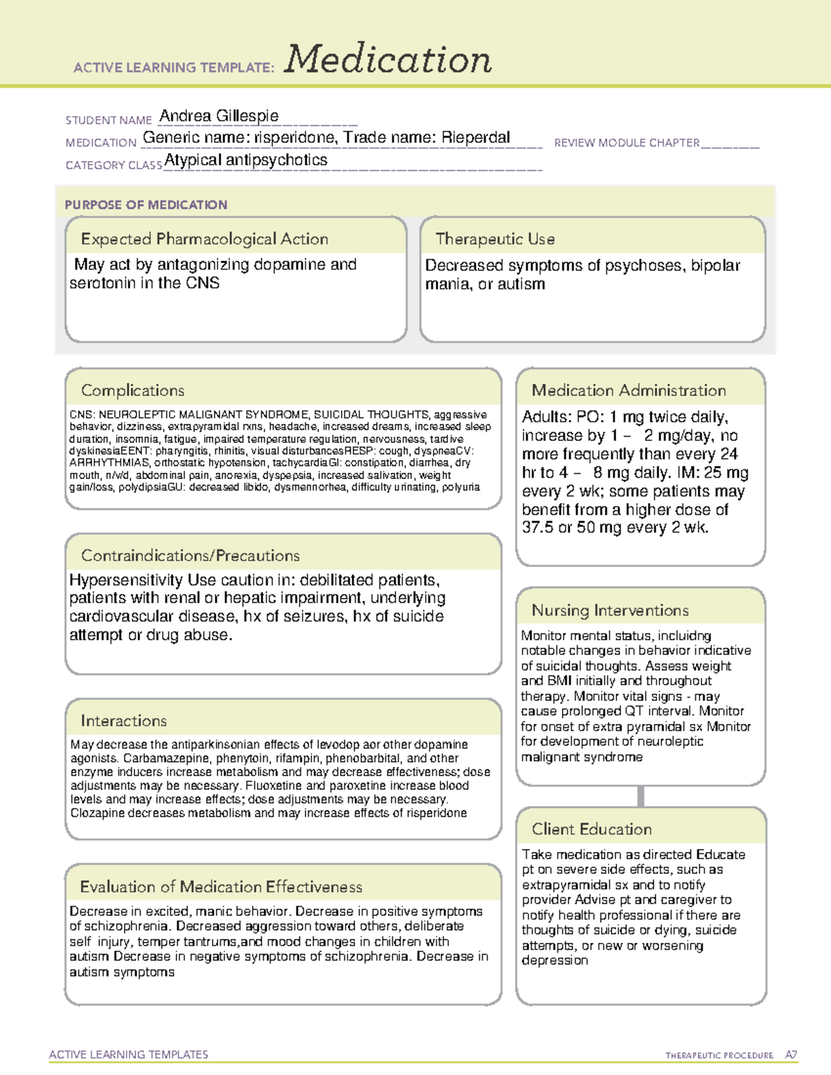 ATI Medicationrisperidone ACTIVE LEARNING TEMPLATES TherapeuTic