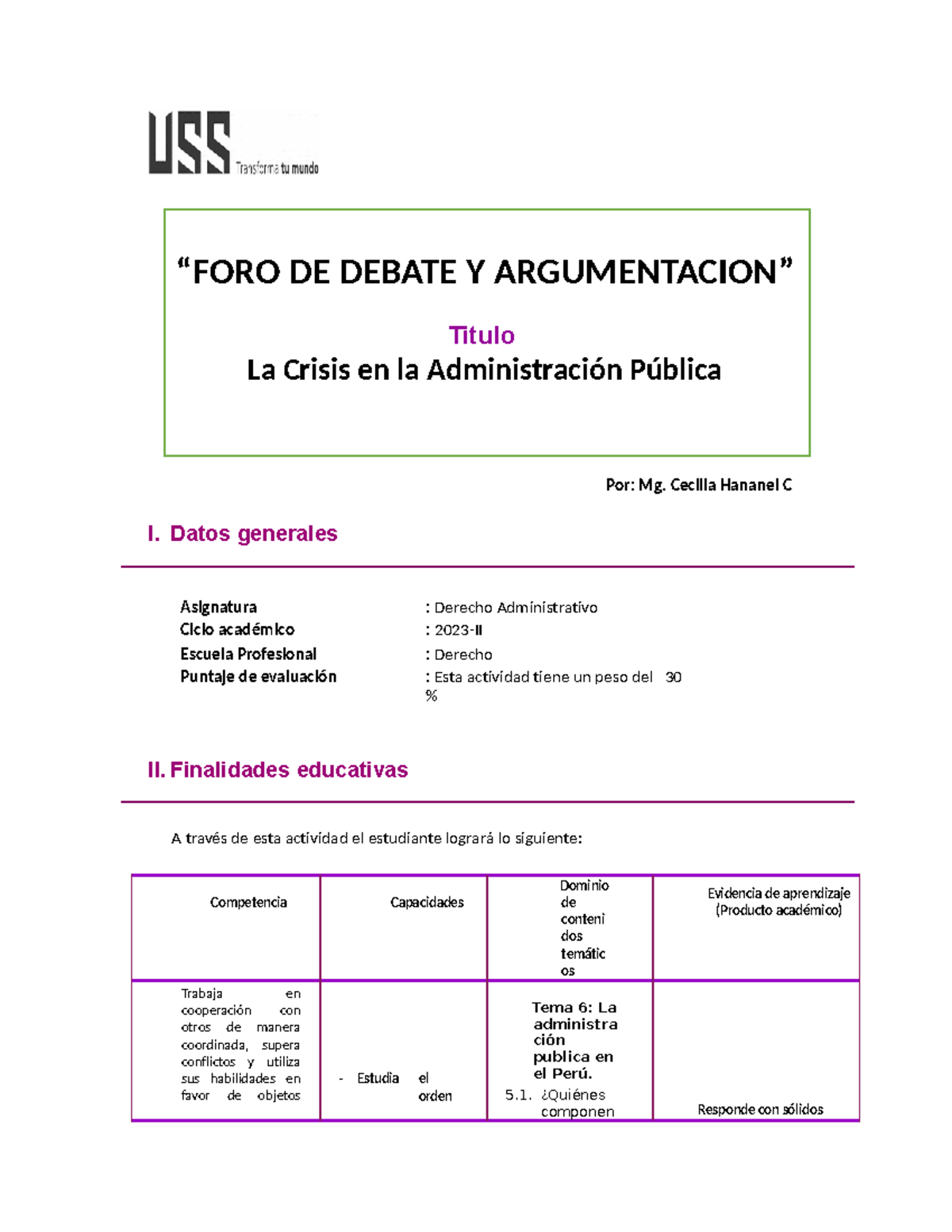 GUIA DE FORO DE Debate - “FORO DE DEBATE Y ARGUMENTACION” Titulo La ...