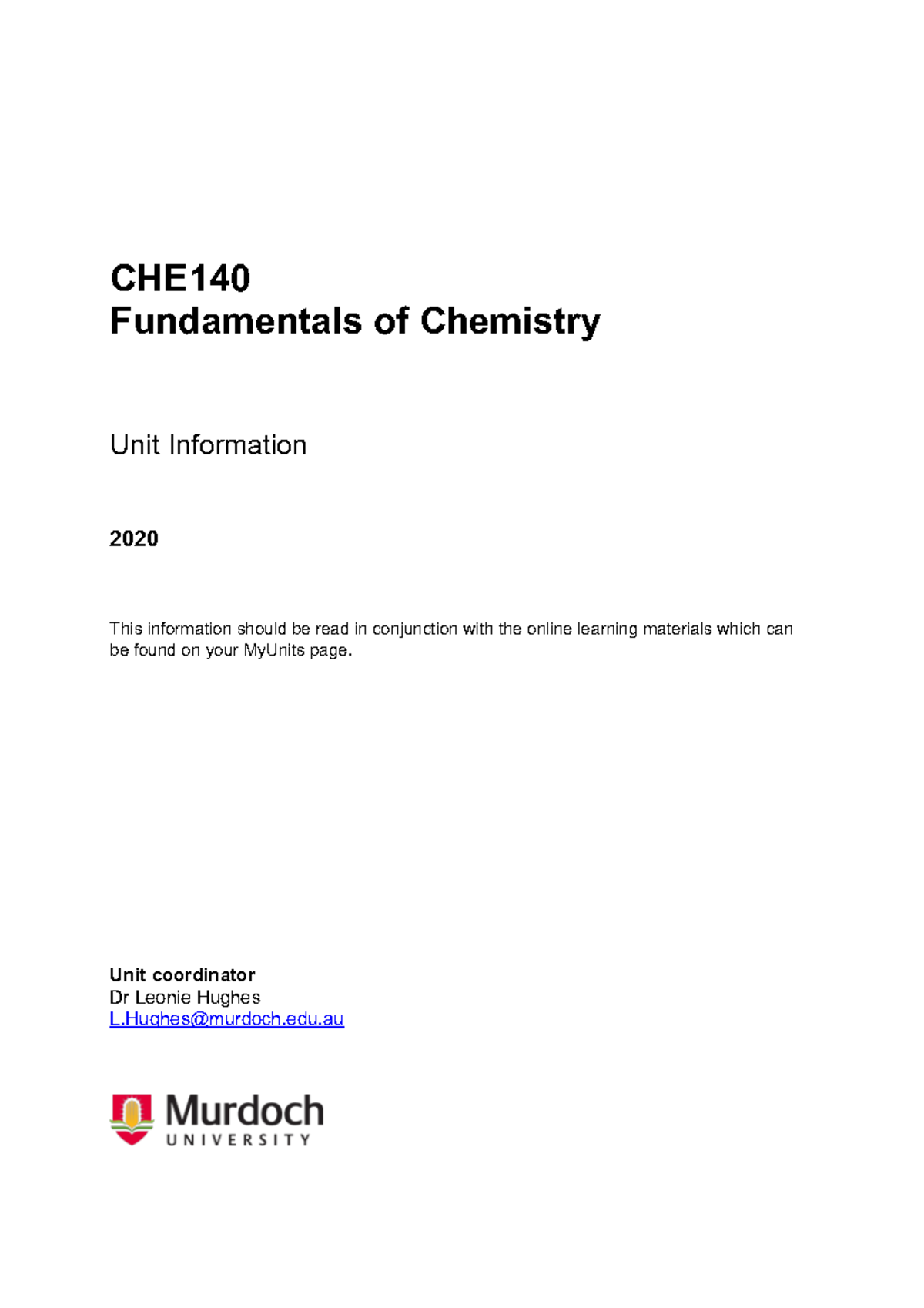 Unit Guide - CHE Fundamentals of Chemistry Uni t Information 2020 This ...