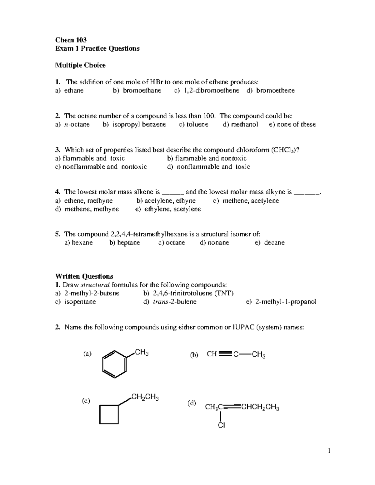 Chem 103 Exam 1 Spring 22 Practice Questions - 1 Chem 103 Exam 1 ...