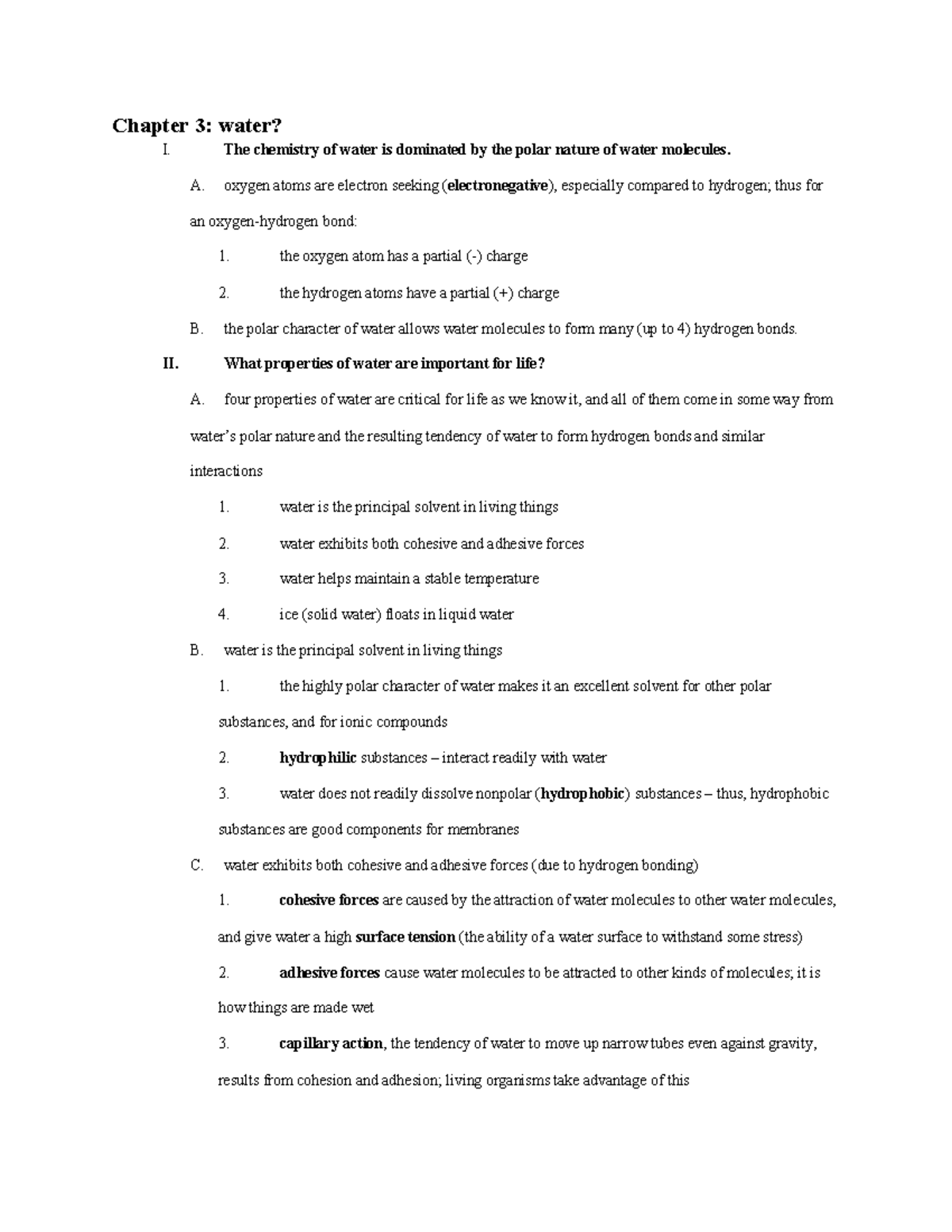 Biology chapter 3 water Chapter 3 water? I. The chemistry of water