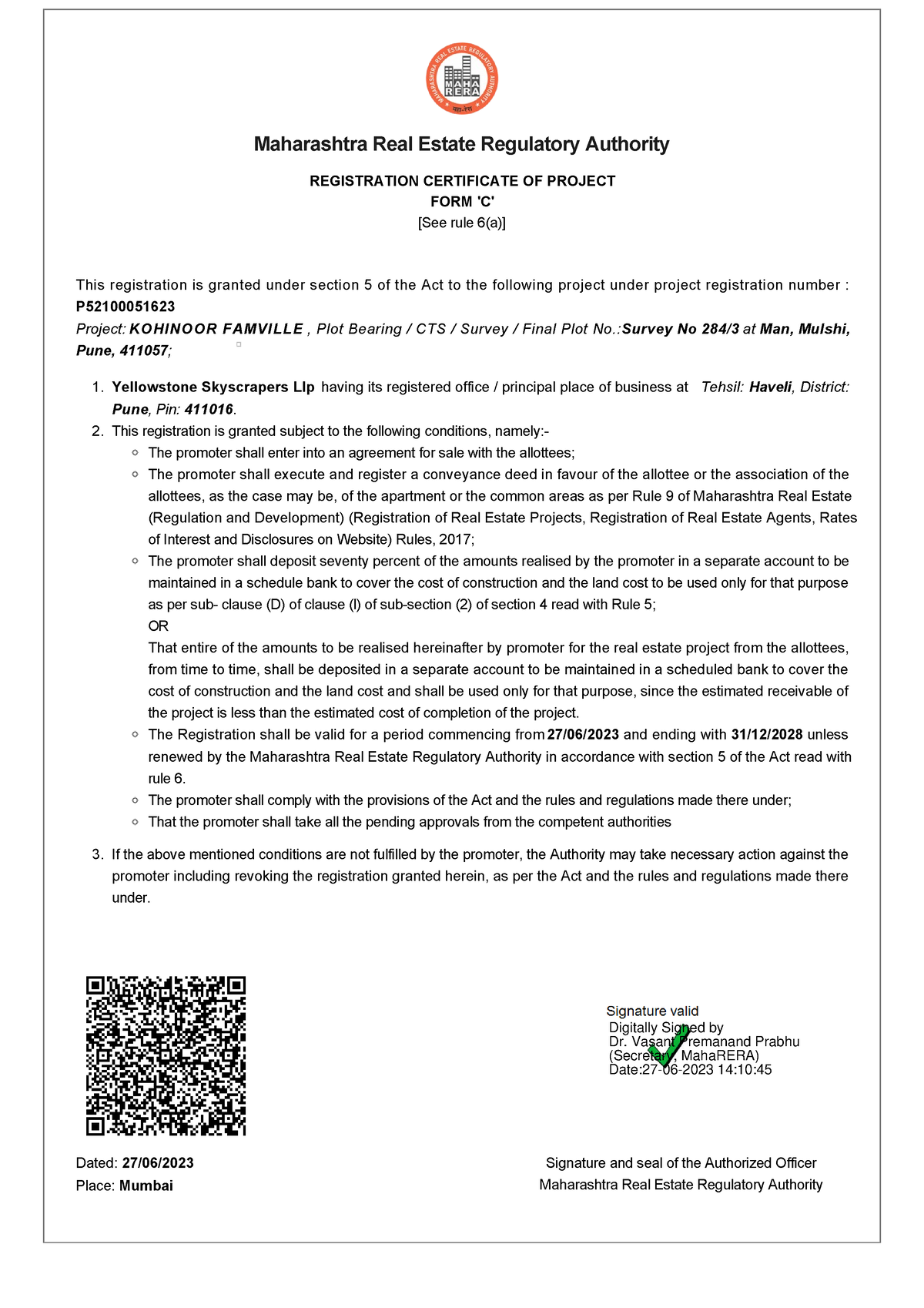 Rera Certificate K Dated 2706 Place Mumbai Signature And Seal Of