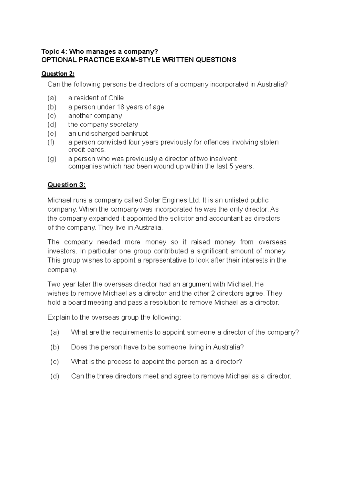 Topic 4-6 - Topic 4: Who manages a company? OPTIONAL PRACTICE EXAM ...