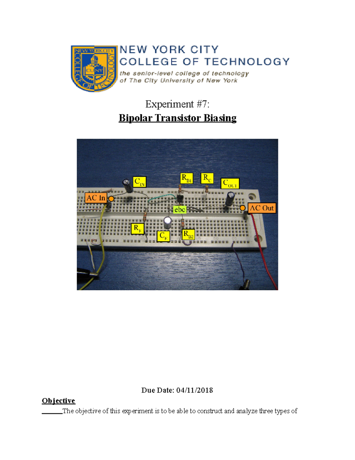 EMT 1255 Experiment 7 Biasing Experiment 7 Bipolar Transistor