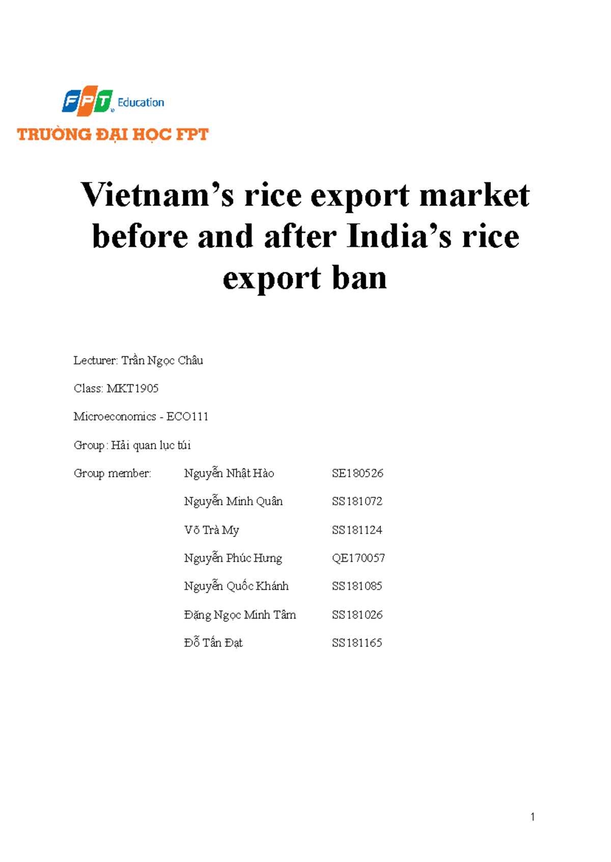 Group Assignment ECO101 Official (2) - Vietnam’s rice export market ...