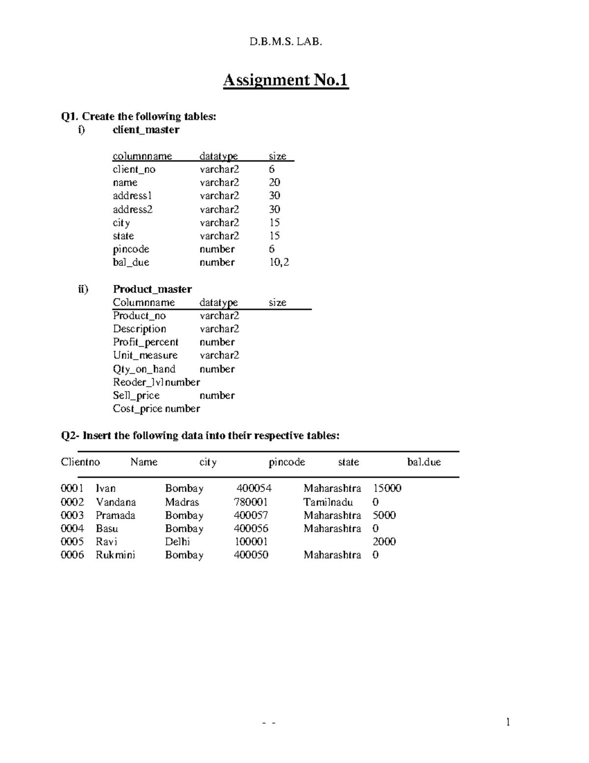Assignment 1 que d b m lab 1 assignment no q1 create the