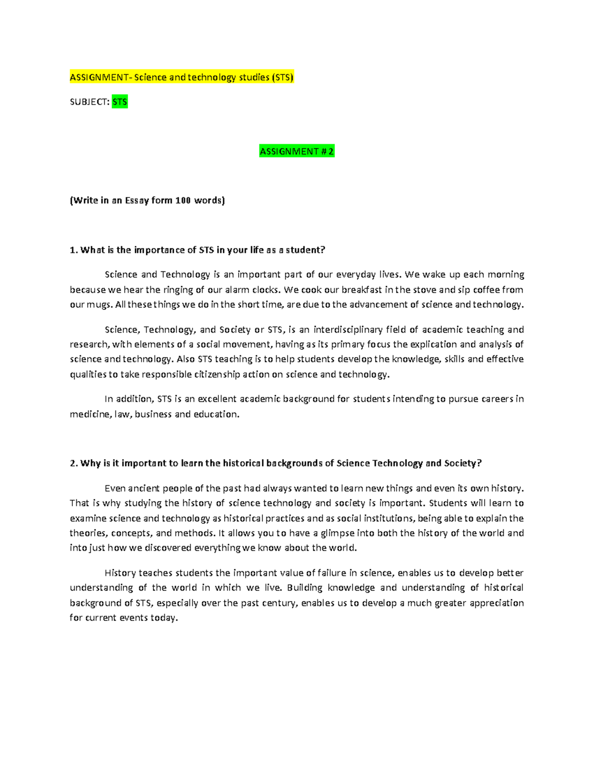 Assignment Science and technology studies (STS) ASSIGNMENT Science