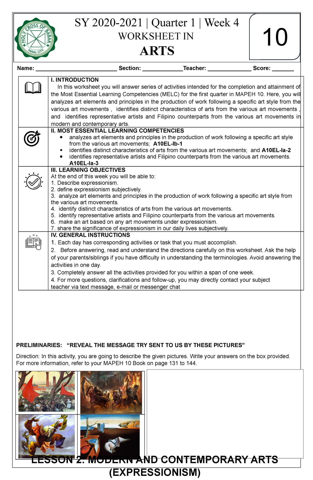 music arts physical education health grade 10 worksheet week 4 foundation of technology education studocu