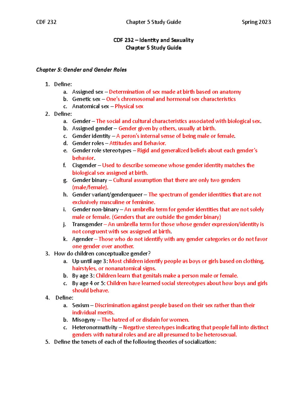 Chapter 5 Study Guide CDF - Assigned sex – Determination of sex made at ...