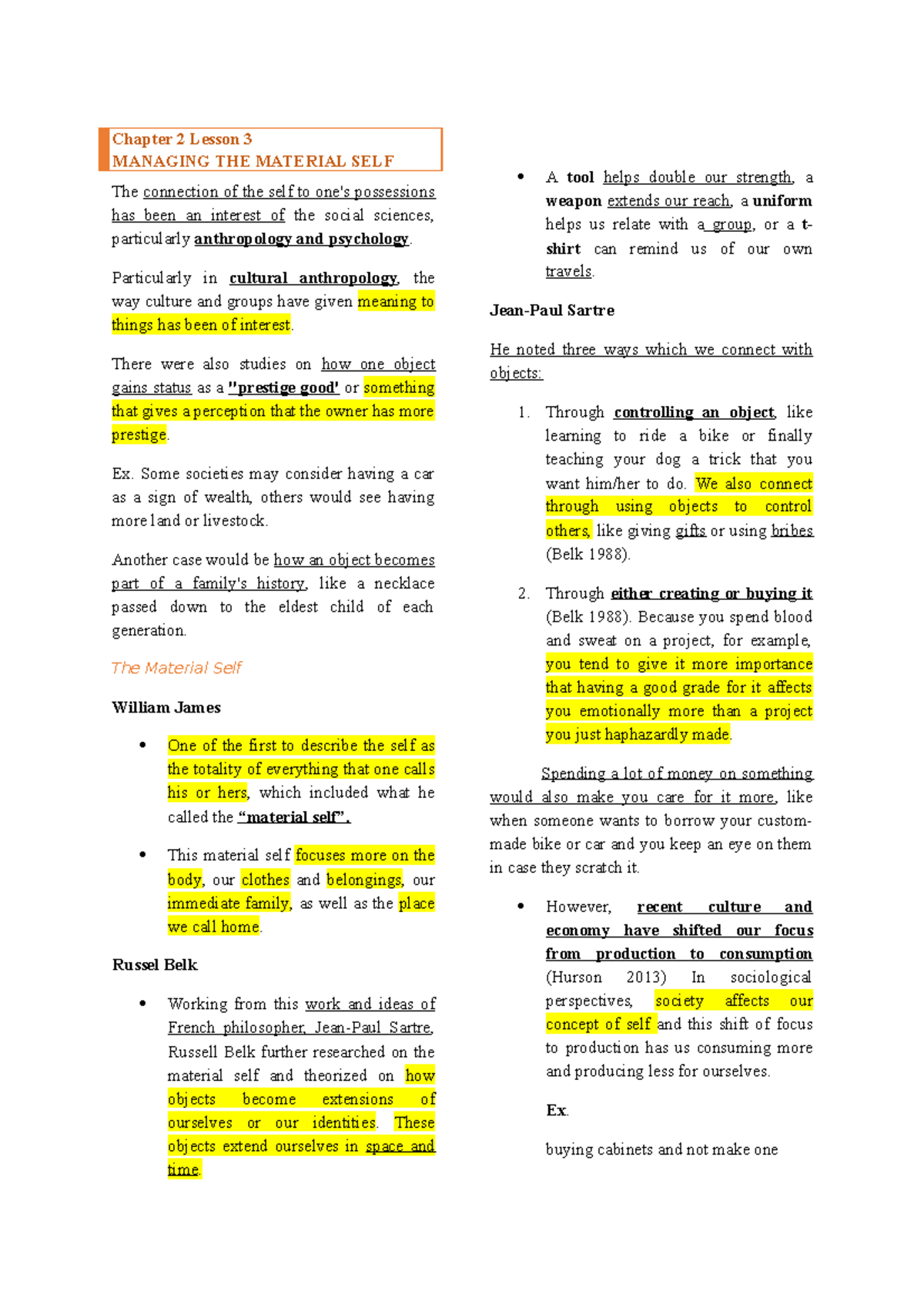 Understanding Self - Chapter 2 Lesson 3 Managing The Material Self The 