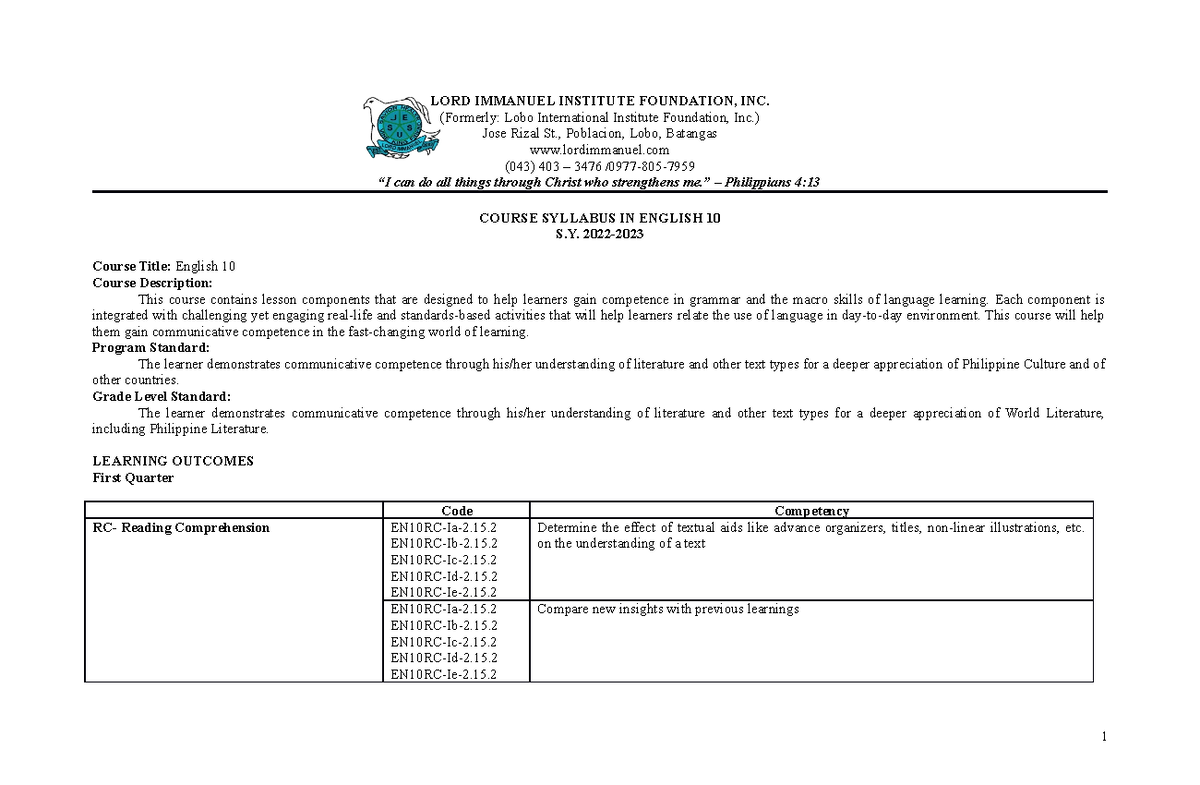 English 10 Course Syllabus - LORD IMMANUEL INSTITUTE FOUNDATION, INC ...