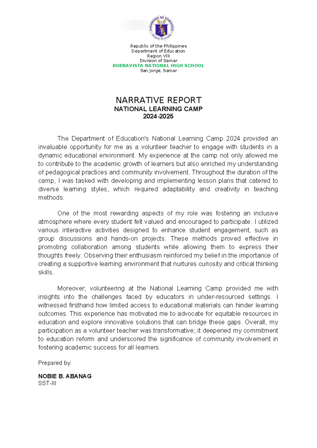 Narrative Report NLC - Department of Education Region VIII Division of ...