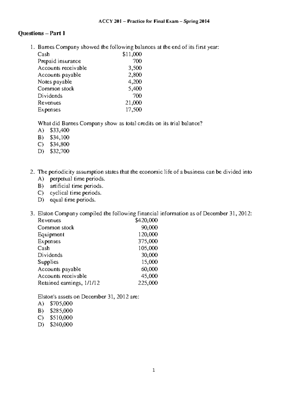 ACCY 201 Practice Final Exam - ACCY 201 – Practice For Final Exam ...