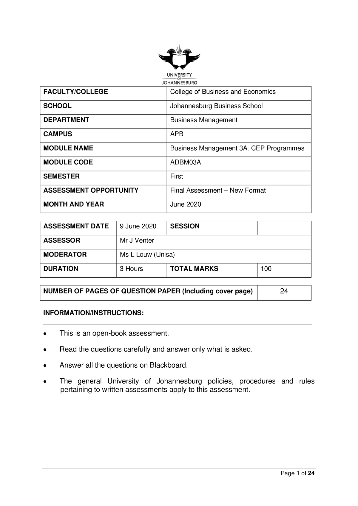 2020 exam paper - FACULTY/COLLEGE College of Business and Economics ...