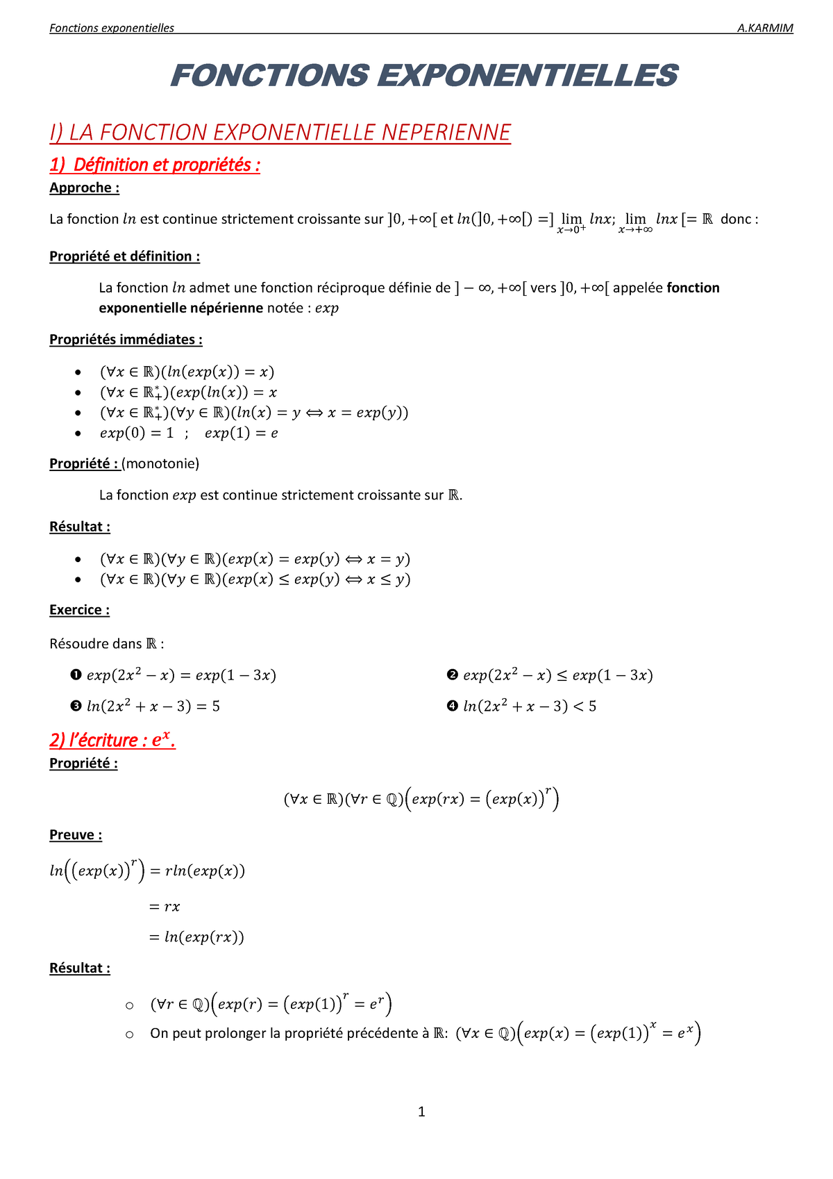 Cours Fonctions Exponentielles - FONCTIONS EXPONENTIELLES I) LA ...