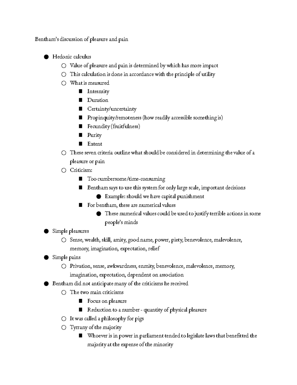Bentham Pleasure and Pain Bentham’s discussion of pleasure and pain