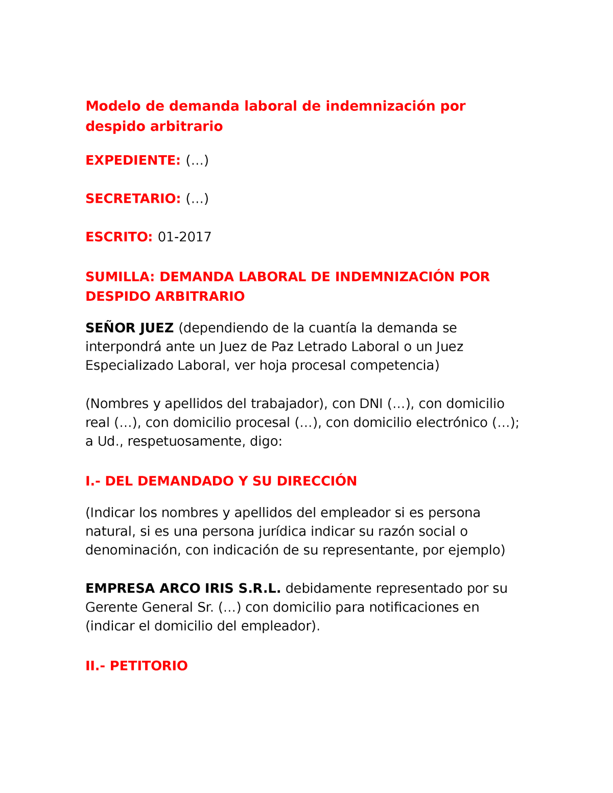 Modelo DE Demanda Laboral POR Despido Arbitrario - Modelo de demanda laboral  de indemnización por - Studocu