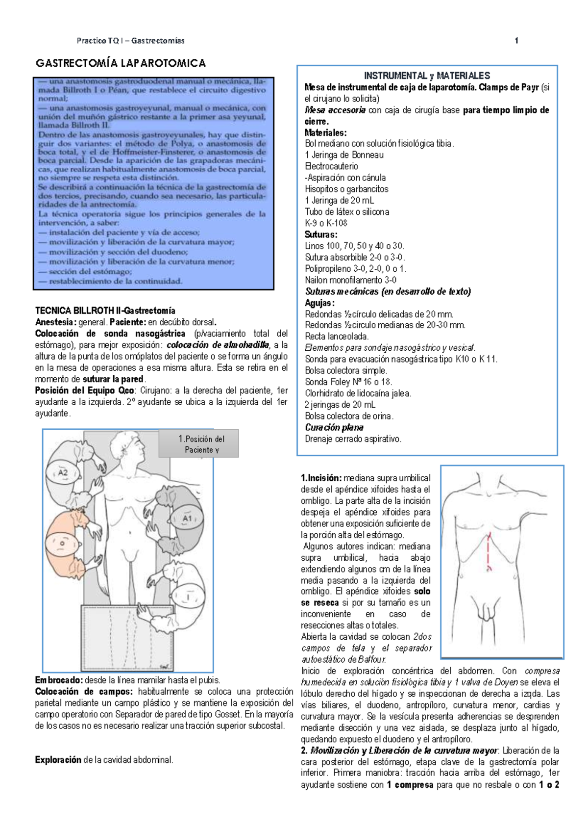 Gastrectomía Laparotomica - Practico TQ I – Gastrectomías 1 GASTRECTOMÍA  LAPAROTOMICA TECNICA - Studocu