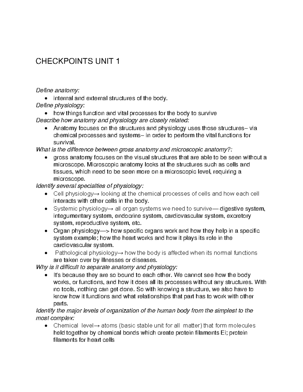 Checkpoint NURS 106 - Summary Anatomy and physiology - CHECKPOINTS UNIT ...