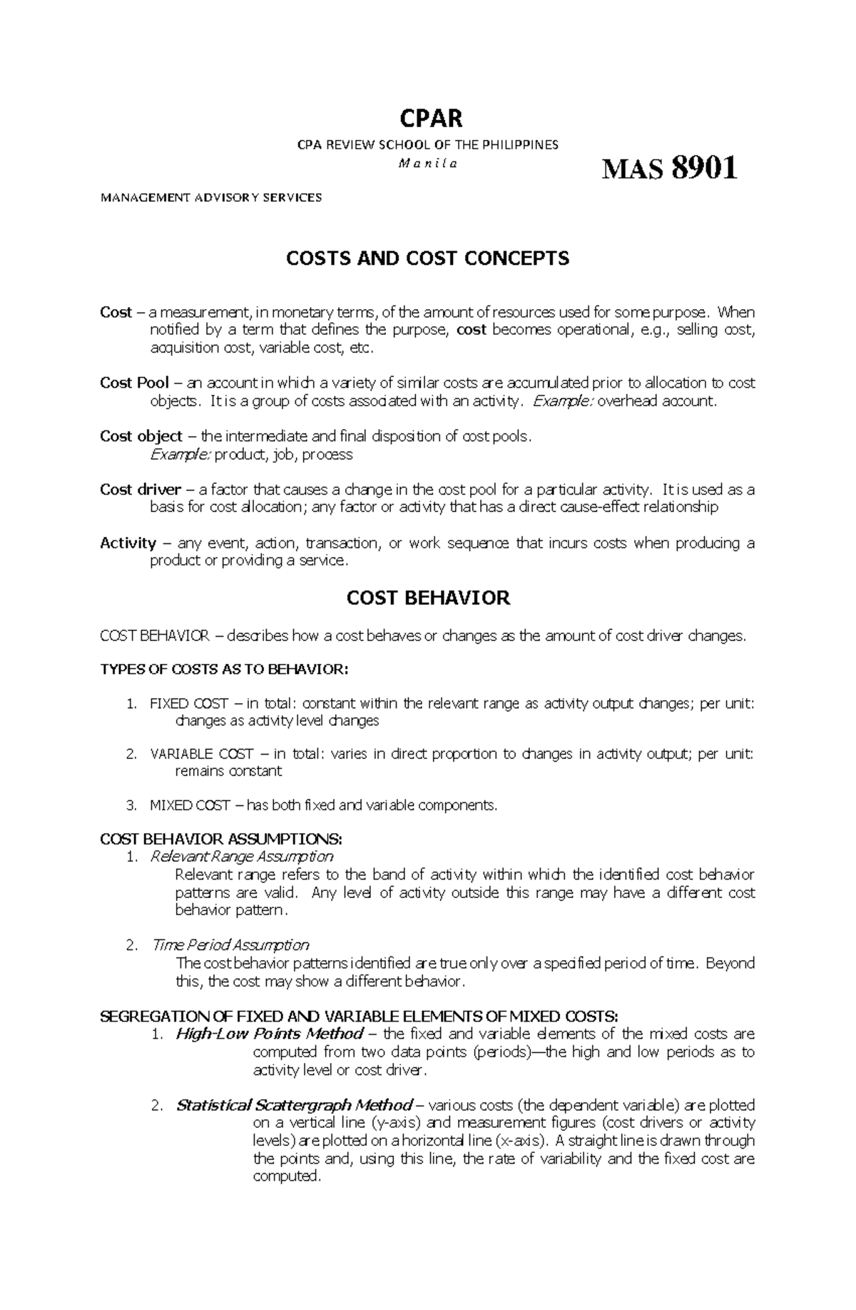 MAS 8901 COST Concepts AND Analysis Reviewees PDF With Ans From One ...