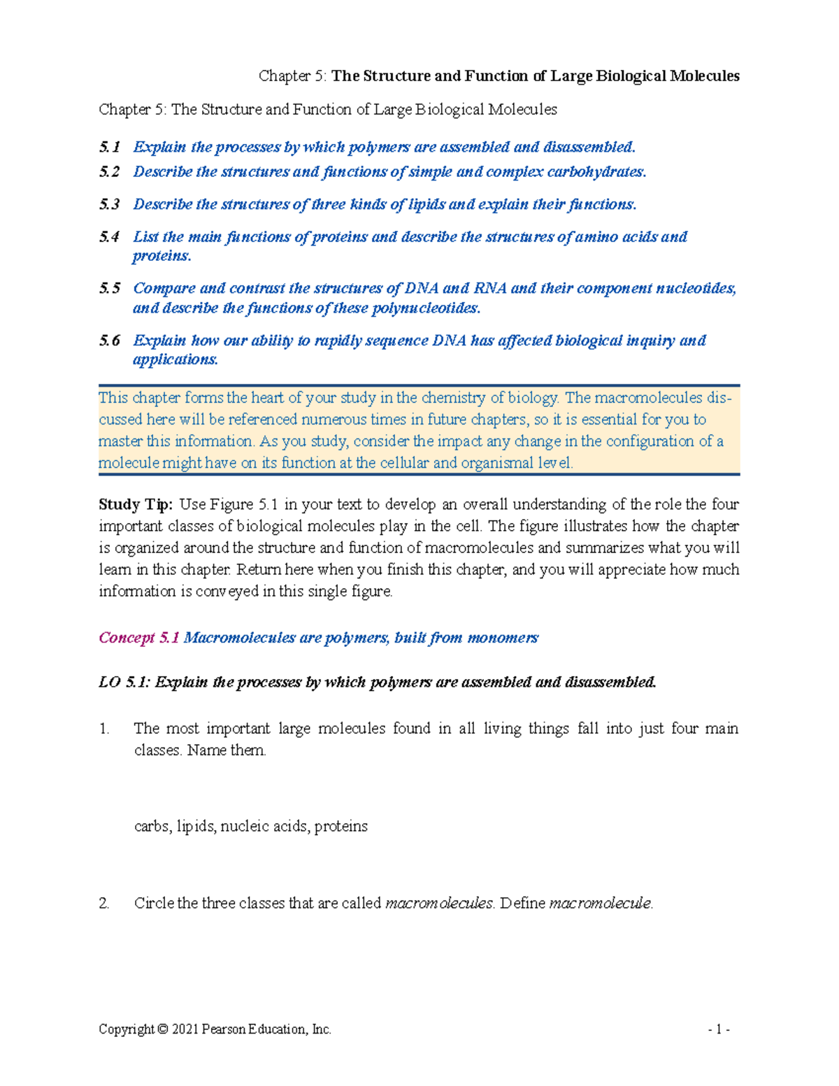 Bio12 ARG 05 - Campbell Biology - Chapter 5: The Structure And Function ...