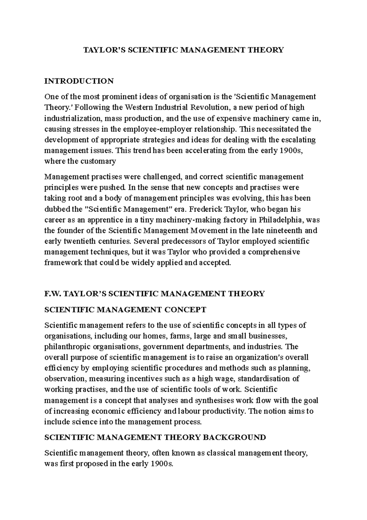 Taylor'S Scientific Management Theory - TAYLOR'S SCIENTIFIC MANAGEMENT ...