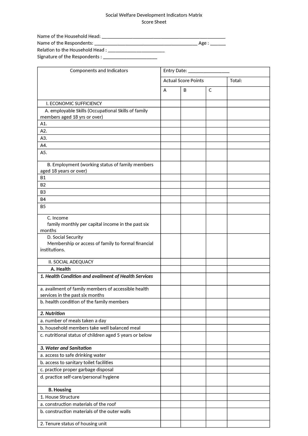 Social Welfare Development Indicators Matrix - ECONOMIC SUFFICIENCY A ...