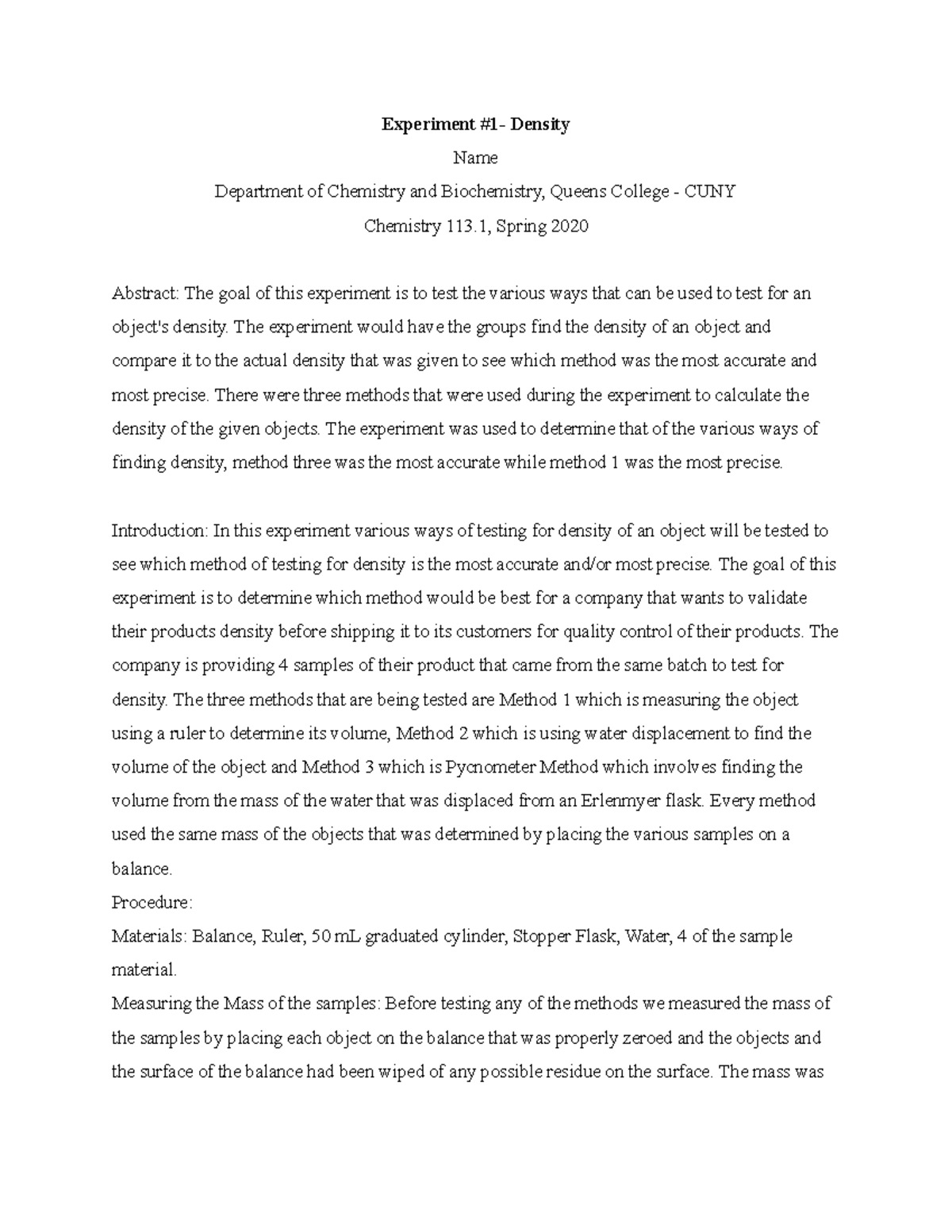 Lab Report 1 Density Experiment 1 Density Name Department of