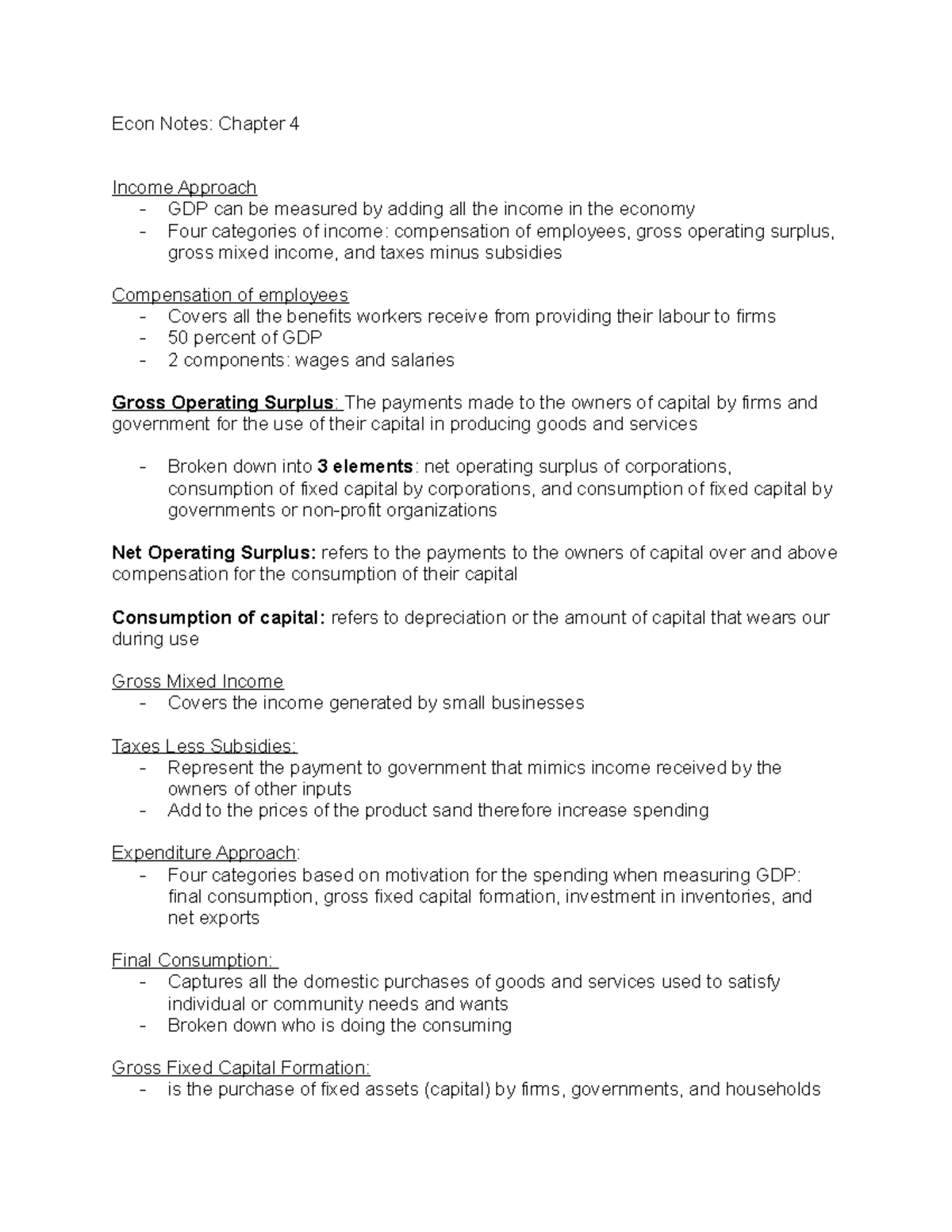 Chapte 4 ECON Notes - Econ Notes: Chapter 4 Income Approach - GDP can ...