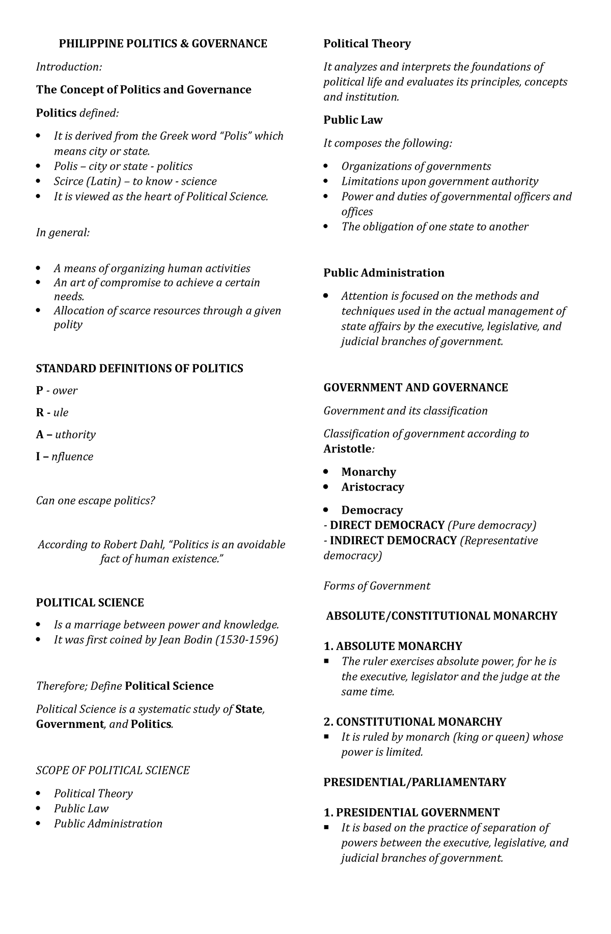 Pol Gov - Concept of Politics ( Lesson 1) - PHILIPPINE POLITICS ...