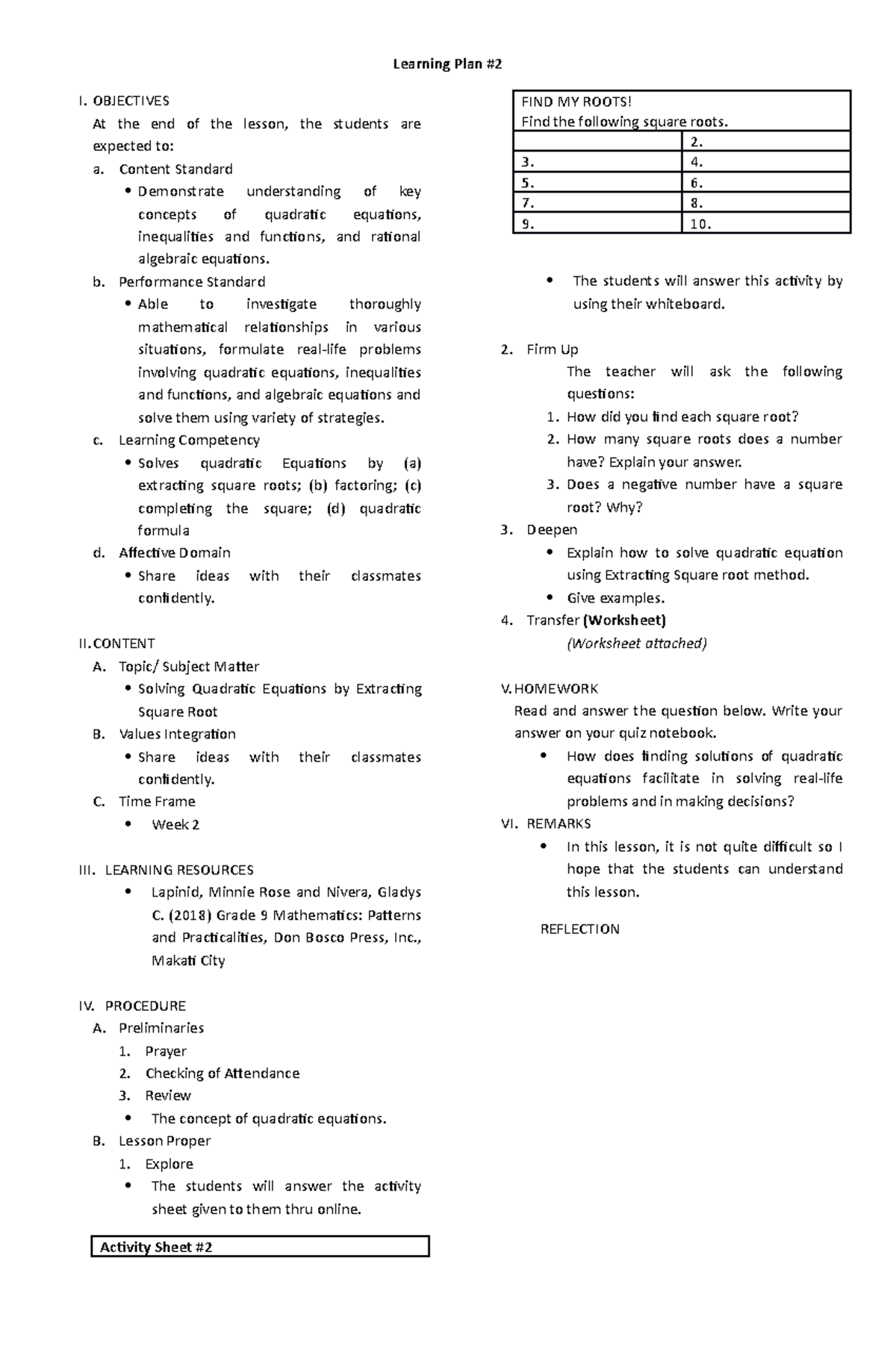 Grade 9 Math lesson plan - Learning Plan # I. OBJECTIVES At the end of ...