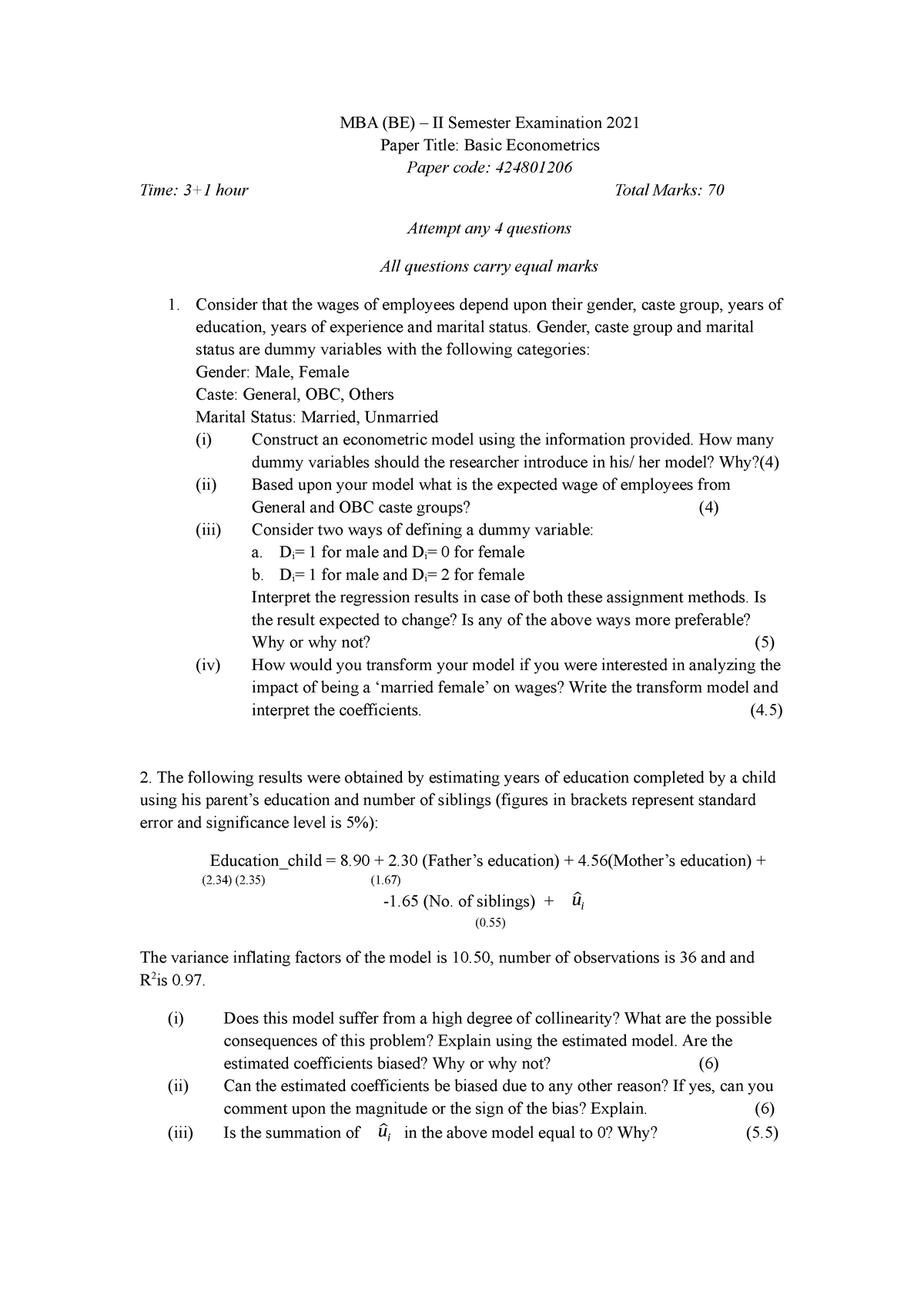 Basic Econometrics 2021 - MBA (BE) – II Semester Examination 2021 Paper ...