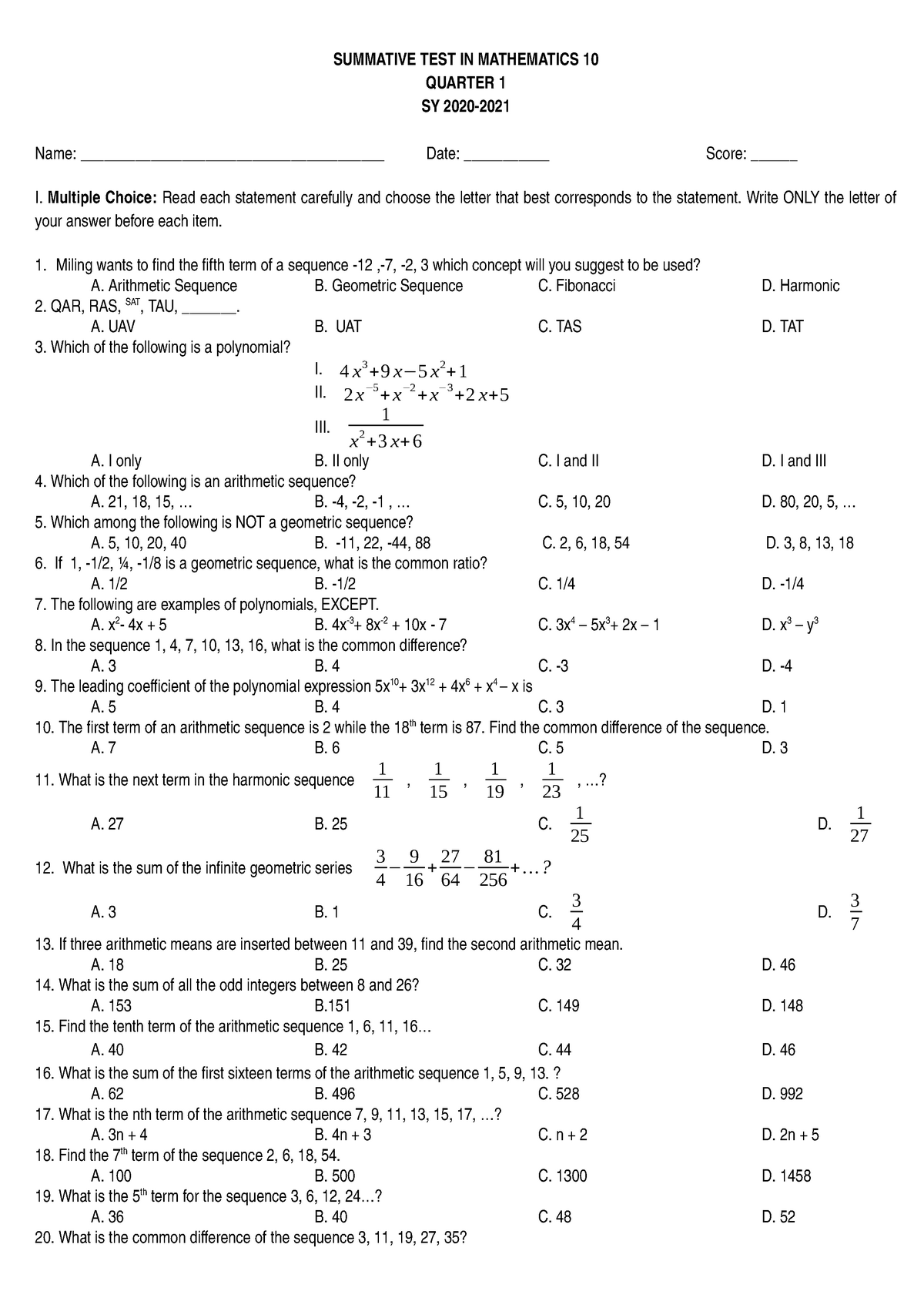 Summative Test in Mathematics 10 for the First Quarter - Engineering ...