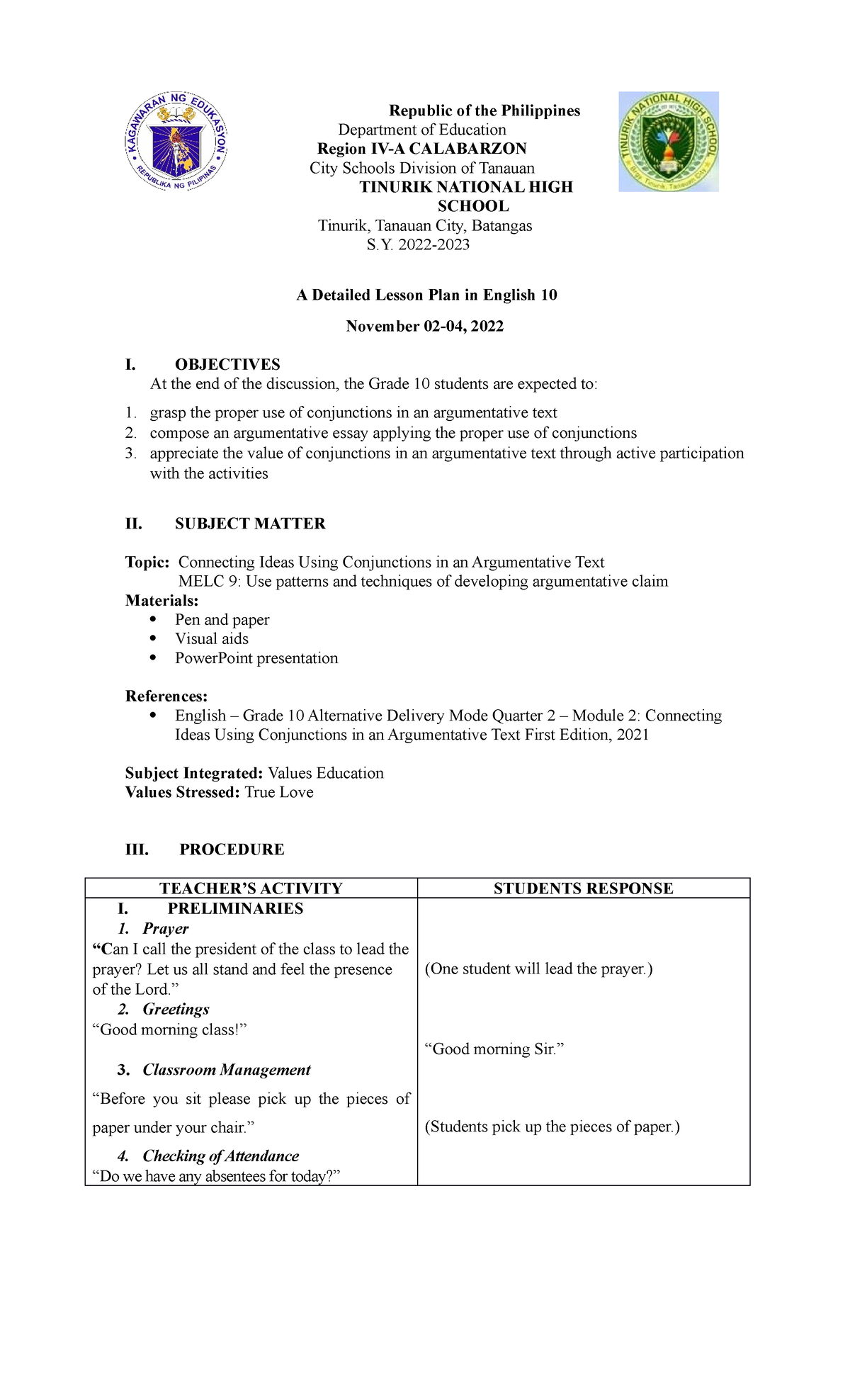 Qtr2 Week2 LP - Lesson Plans For Grade 10 - Republic Of The Philippines ...