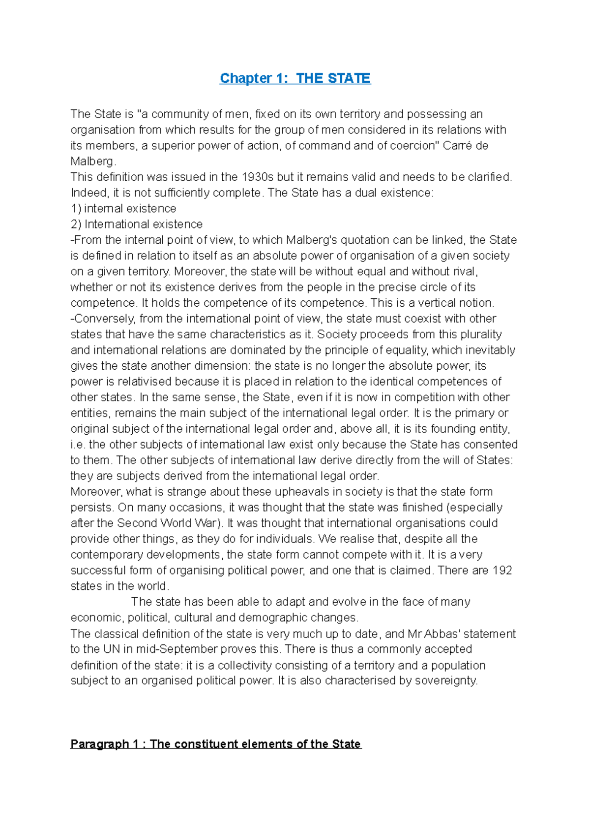Law International 2 Chapter 1 - Chapter 1: THE STATE The State is "a ...