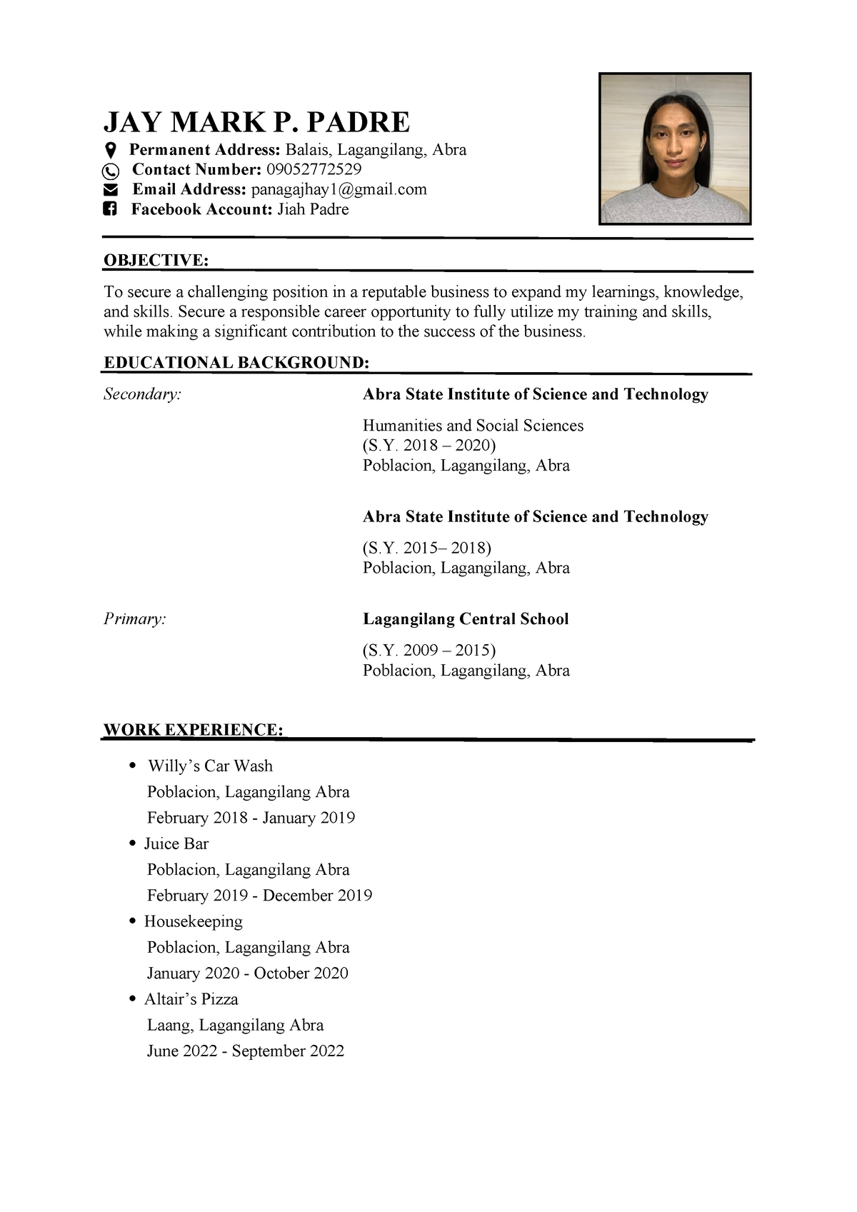 Resume Example for Job - JAY MARK P. PADRE Permanent Address: Balais ...