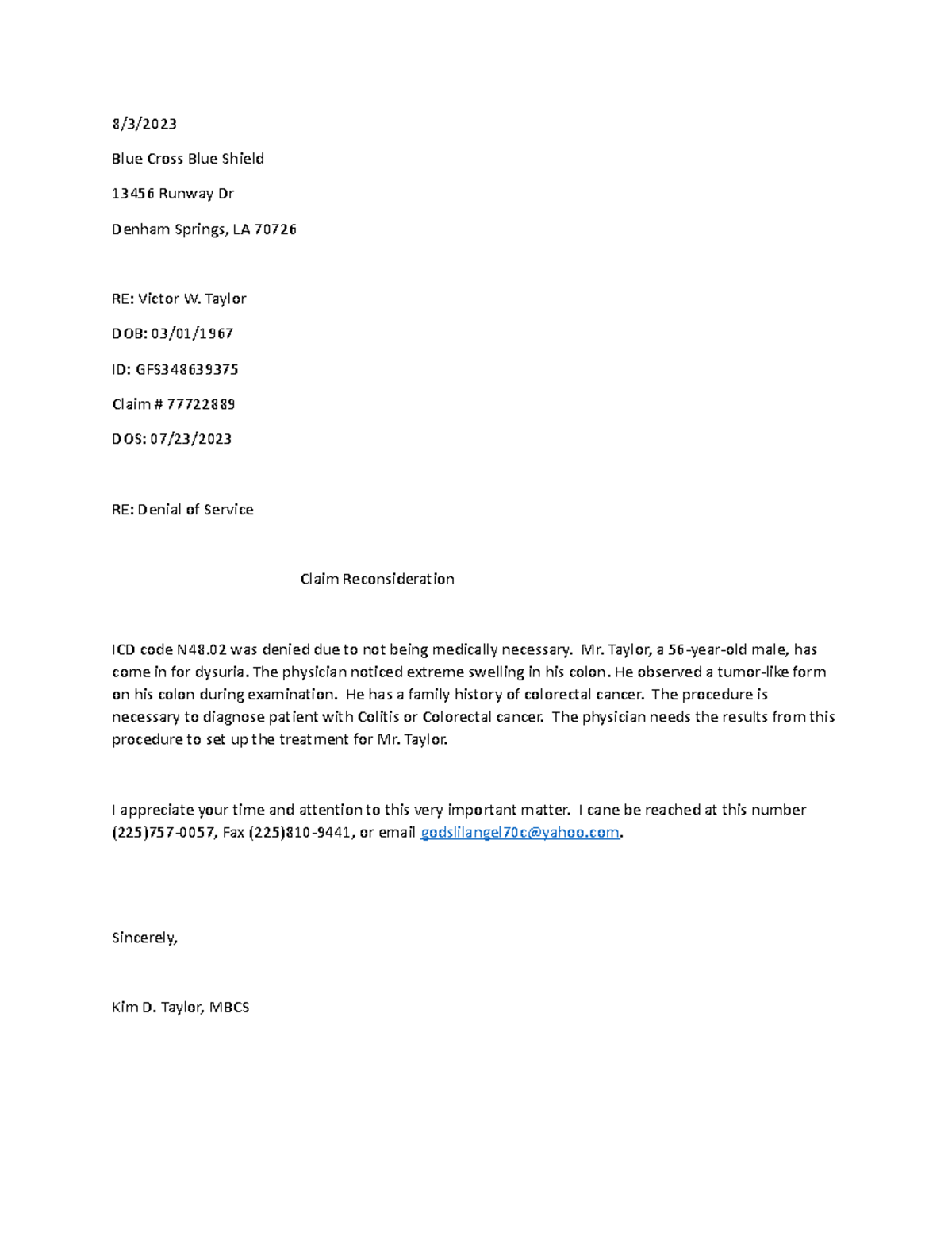 Appeal Letter - 8/3/ Blue Cross Blue Shield 13456 Runway Dr Denham ...