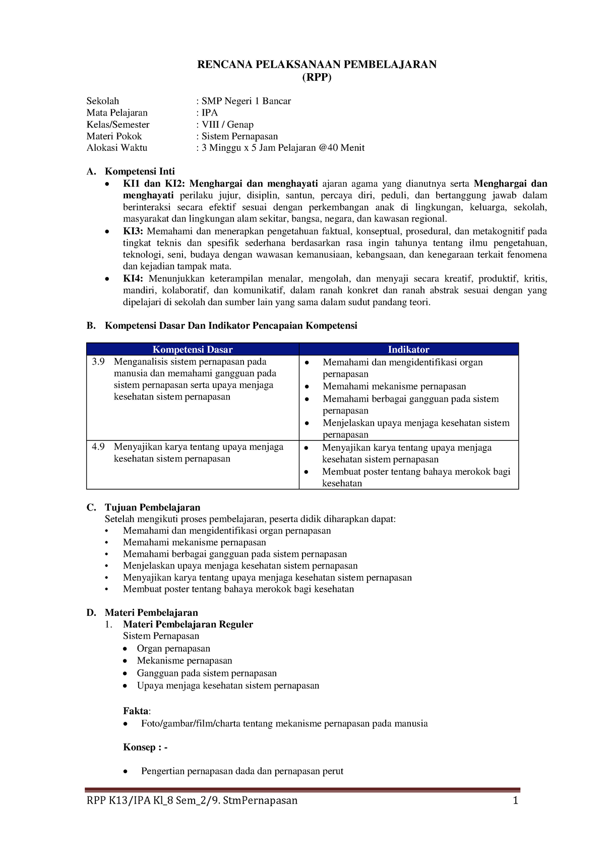 RPP IPA K13 Kls 8 Sem 2 Bab 9 Pernapasan Manusia - RENCANA PELAKSANAAN ...