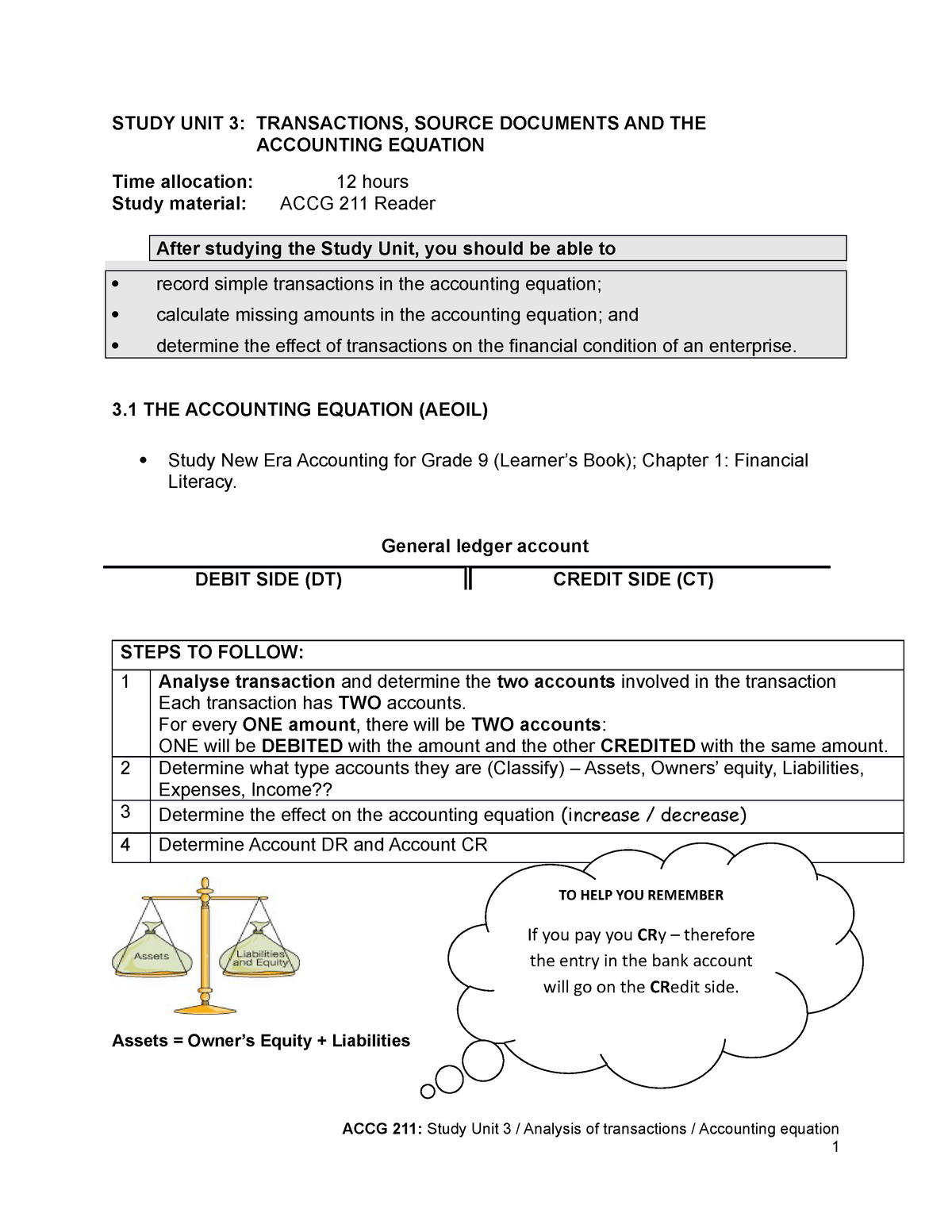 ACCG 211 Study Unit 3 Reader - STUDY UNIT 3: TRANSACTIONS, SOURCE ...