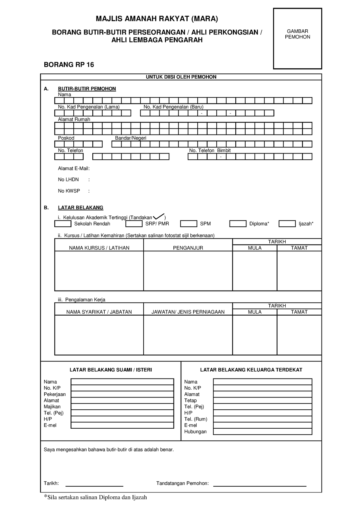 Ii. Borang RP 16 (Maklumat Diri)  MAJLIS AMANAH RAKYAT (MARA) BORANG