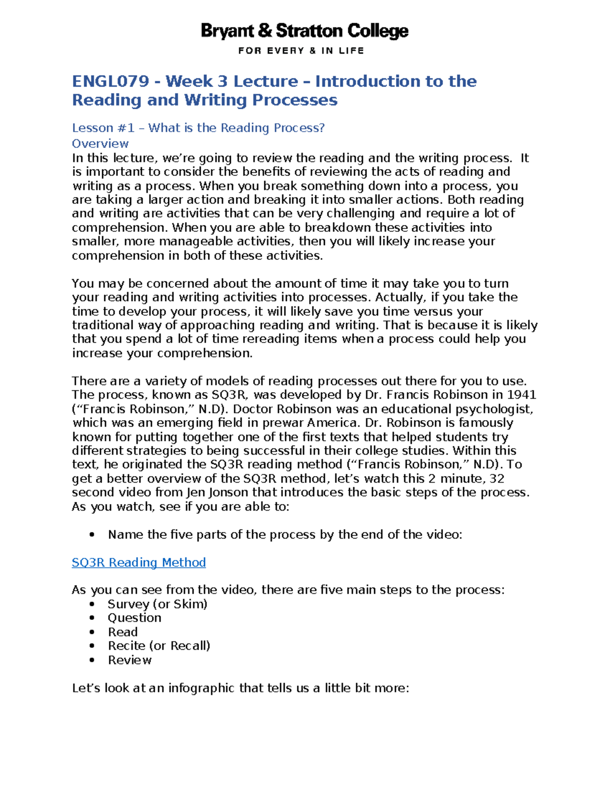 ENGL079 - Lecture 3 - Introduction to the Reading and Writing Processes ...