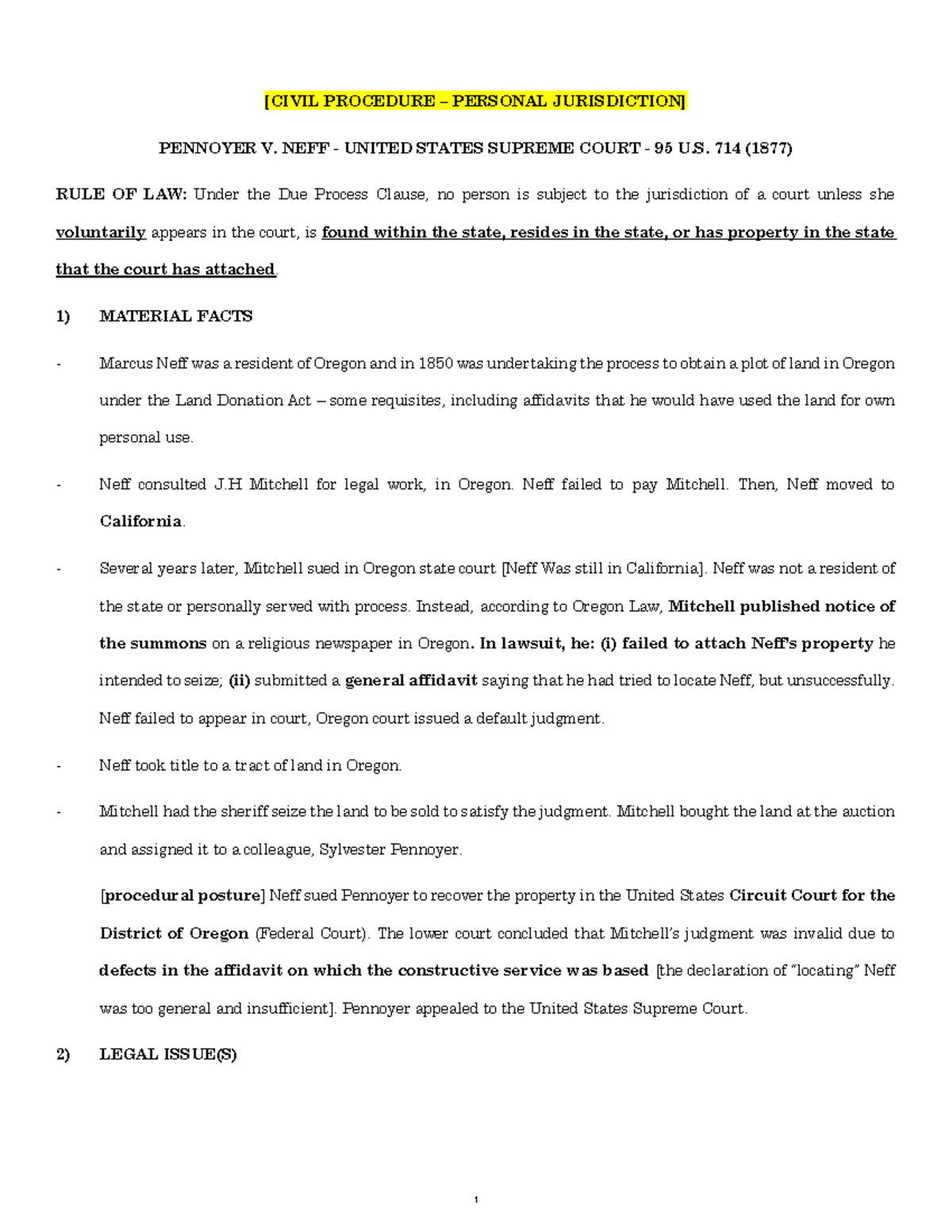 CIVI PRO - Case brief - Pennoyer v. Neff - personal jurisdcition class ...